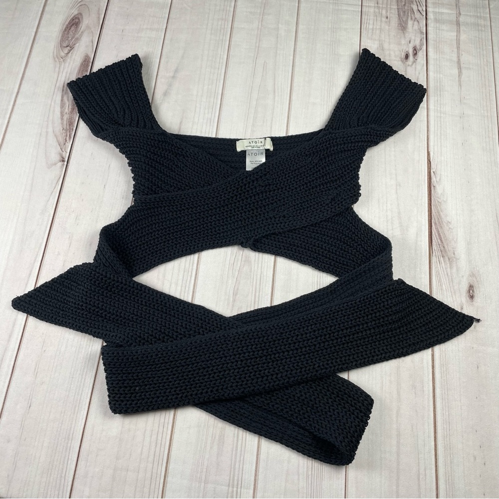 Atoir Tulip Chunky Knit Top Womens 6 Black Cropped Wrap Tie Surplice 100% Cotton - Picture 4 of 14